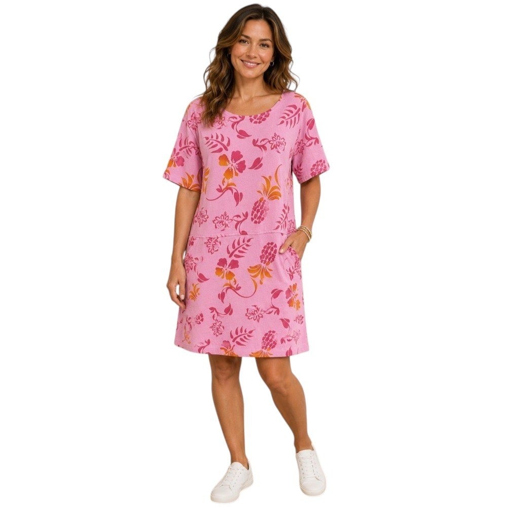 90s Red Ginger Womens Dress Cotton Pink Tropical Pineapple Floral Pocket Large